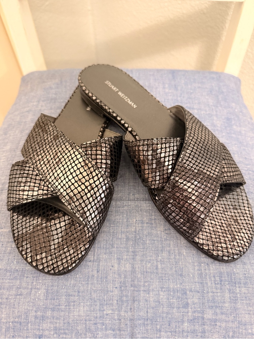 Stuart Weitzman Metallic Gunmetal / Black Crisscross Slides